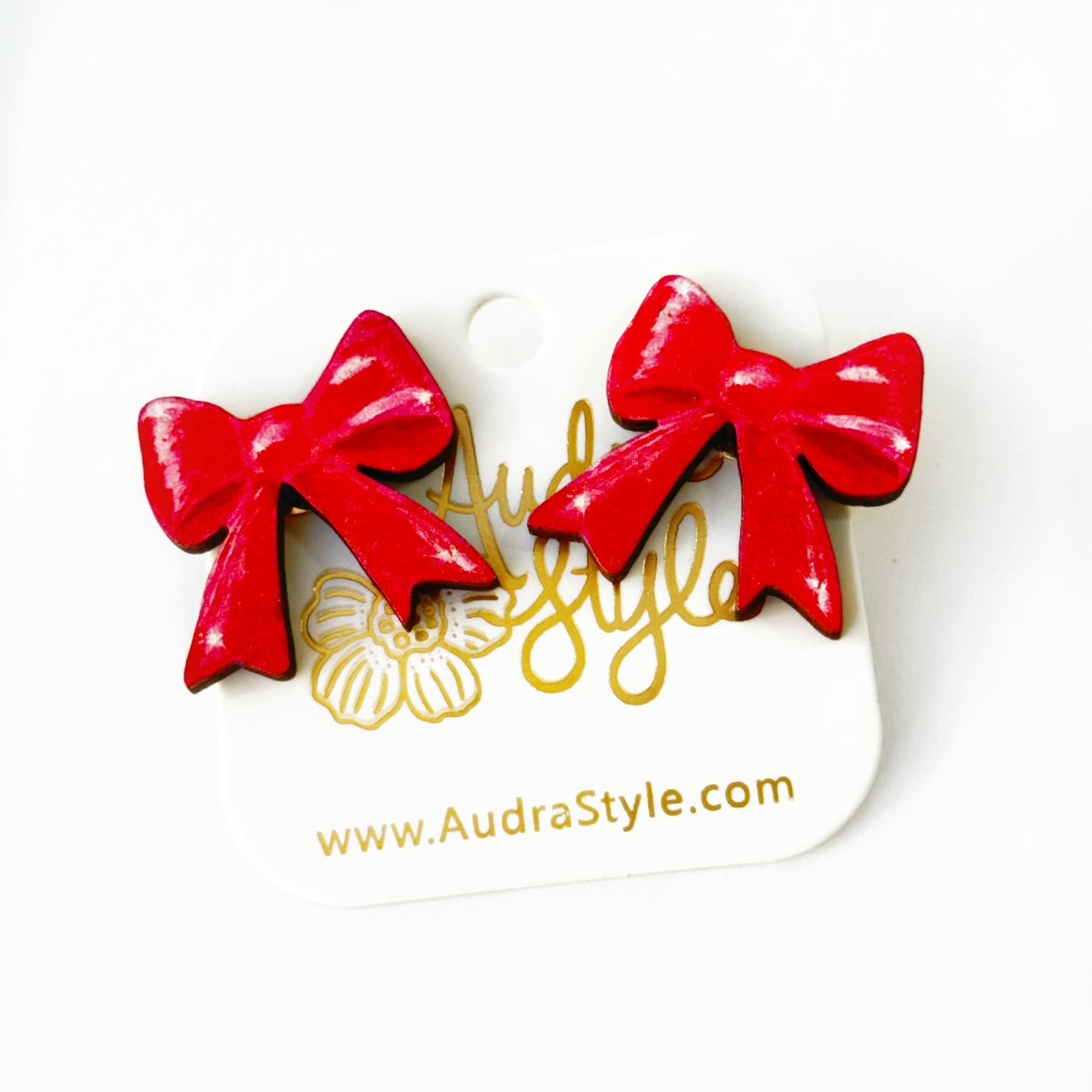 Valentine's Day Heart Stud Earrings - Red Bow