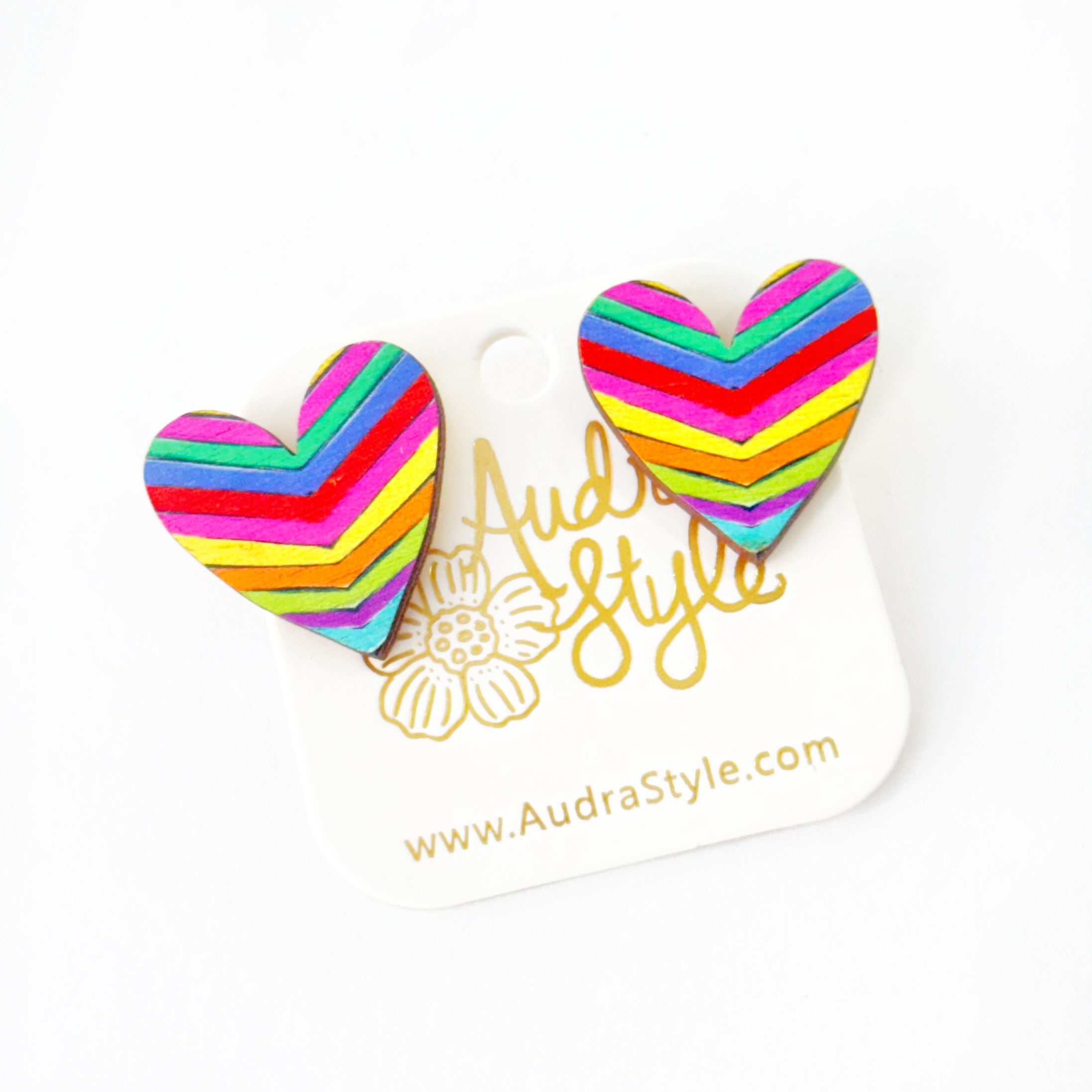 Valentine's Day Heart Stud Earrings - Rainbow Stripe