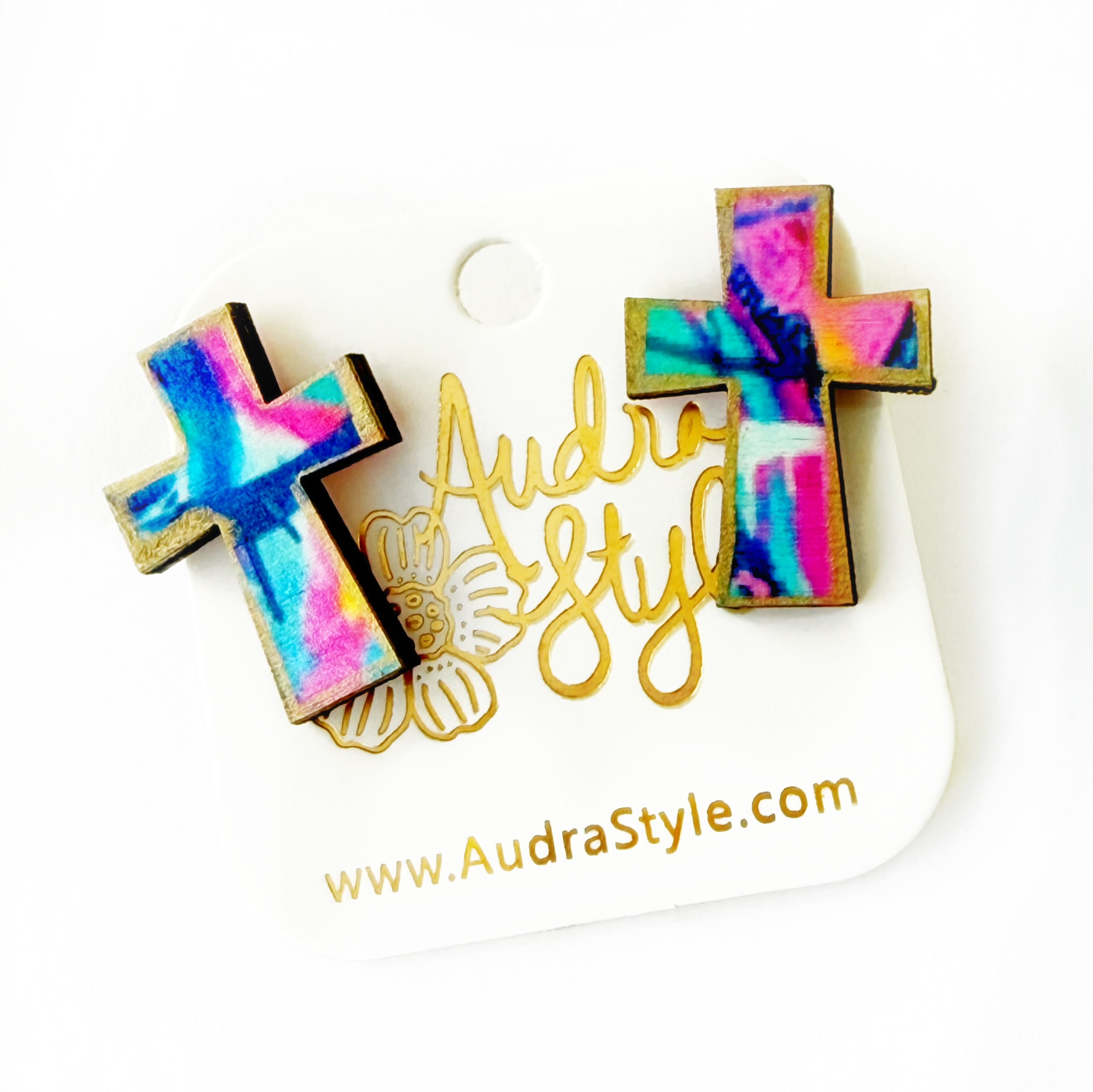 Blue and Pink Abstract Cross Stud - Colorful Spring Summer, Easter Earring