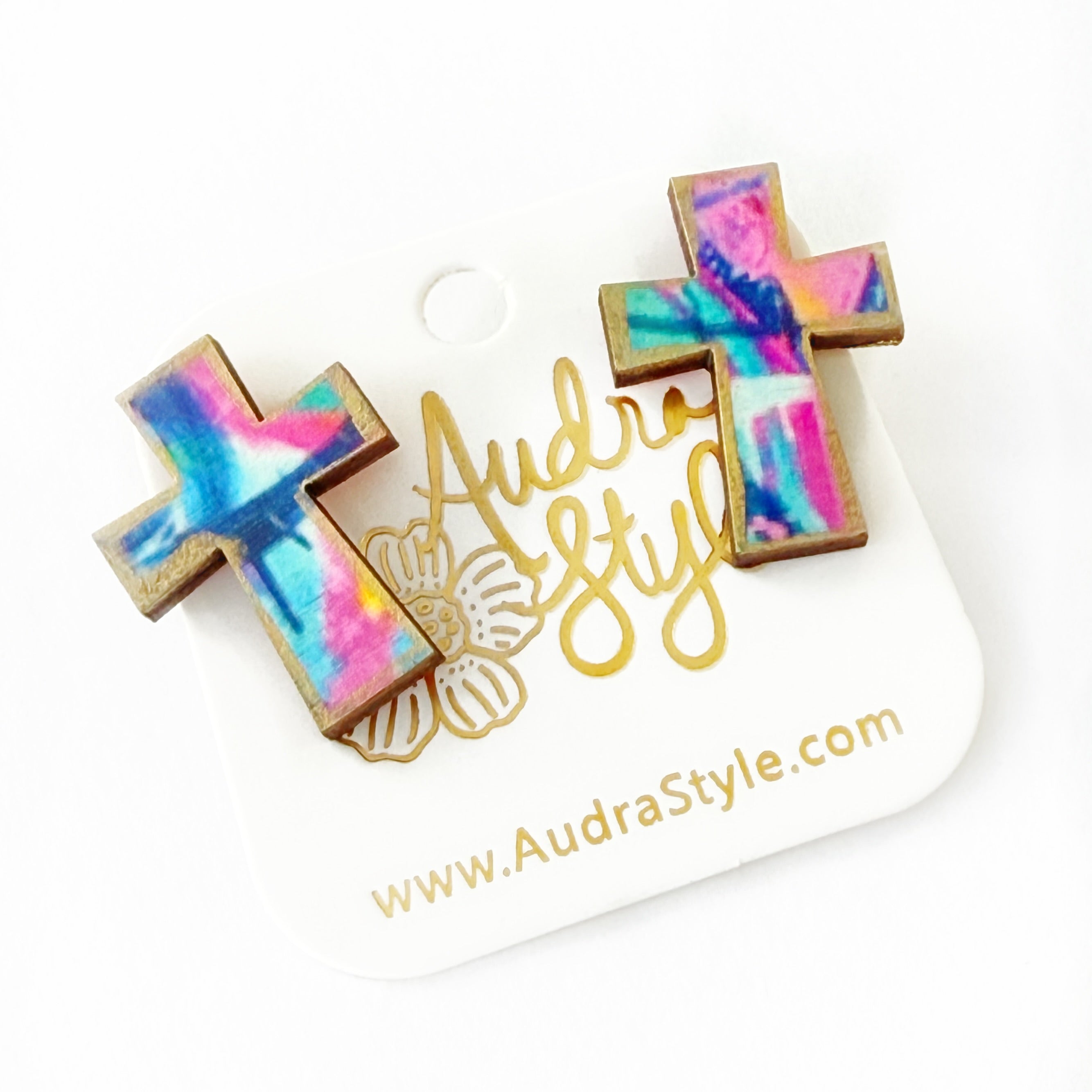 Blue and Pink Abstract Cross Stud - Colorful Spring Summer, Easter Earring