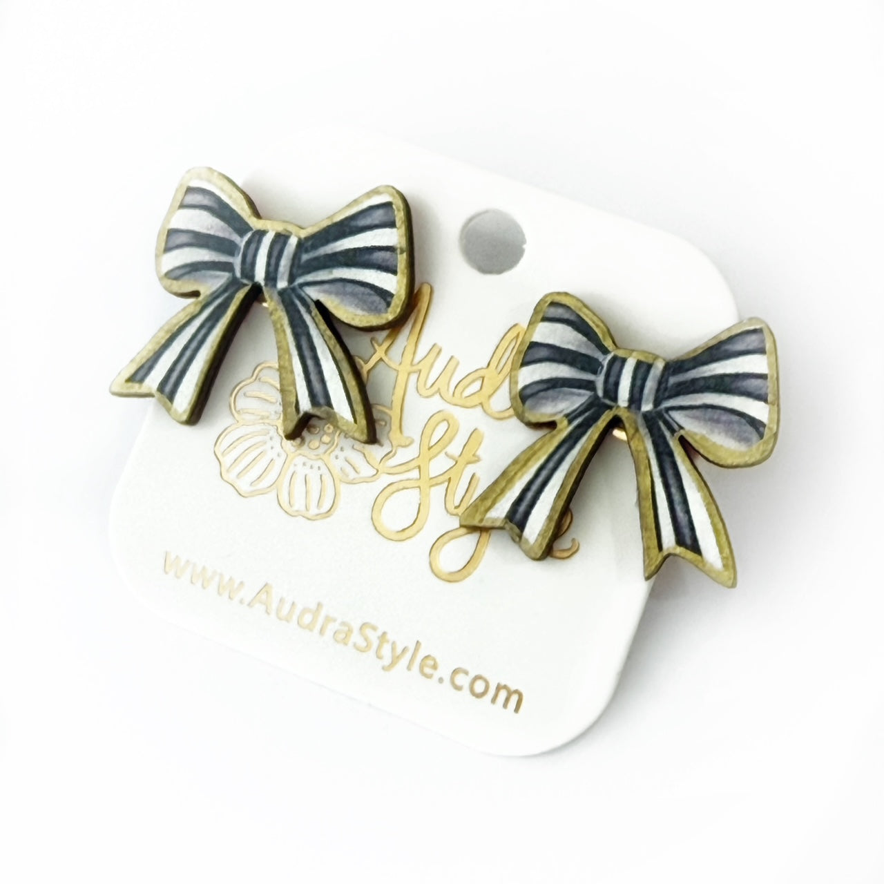 Black and White Stripe Bow Stud Earrings