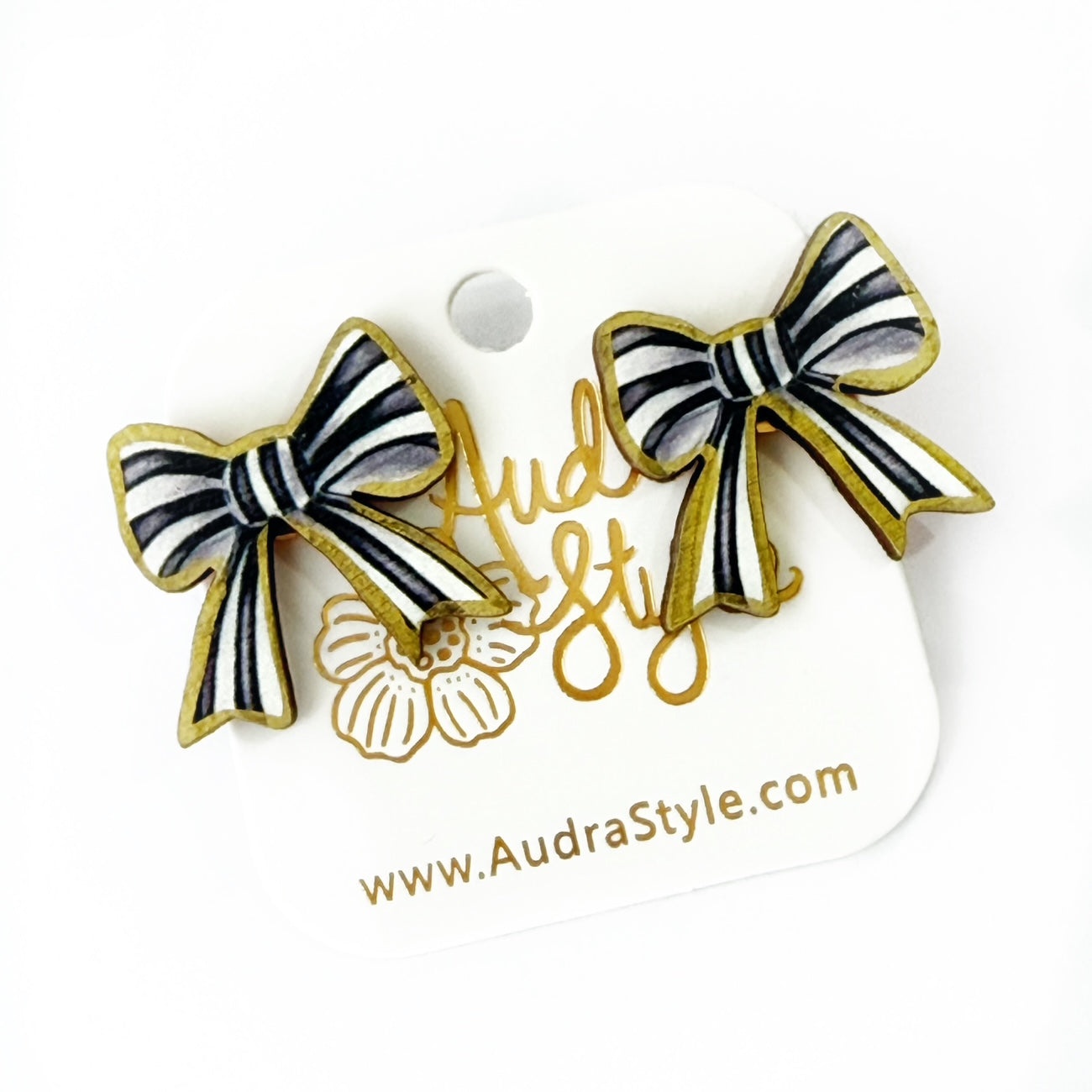 Black and White Stripe Bow Stud Earrings