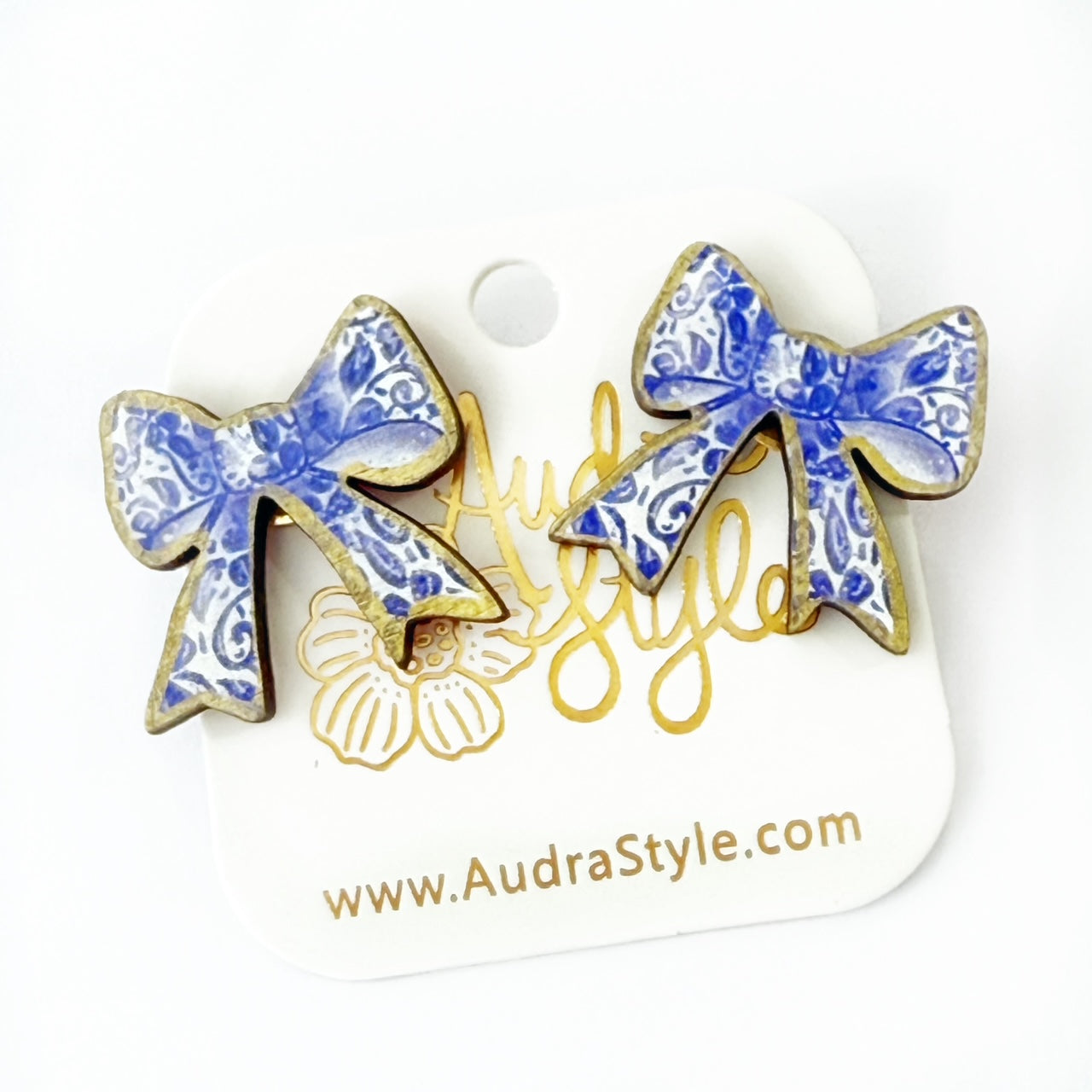 Blue and White Bow Stud Earrings