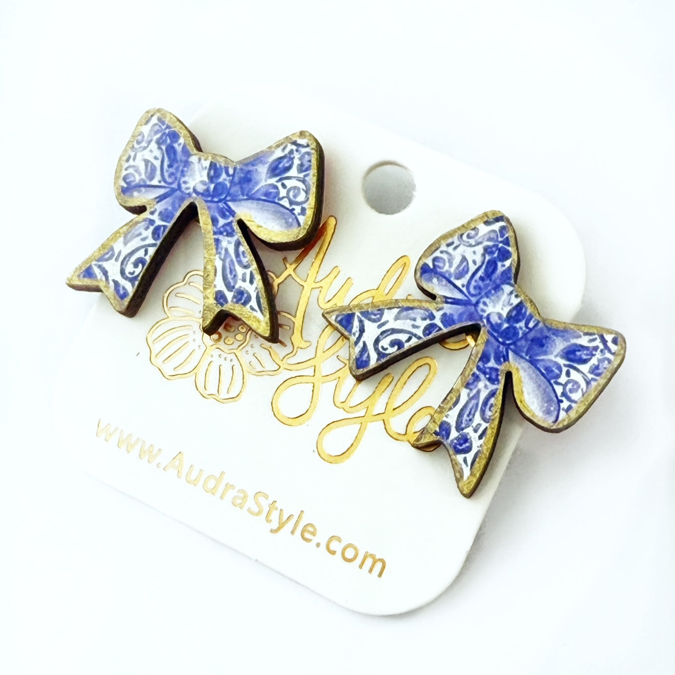 Blue and White Bow Stud Earrings