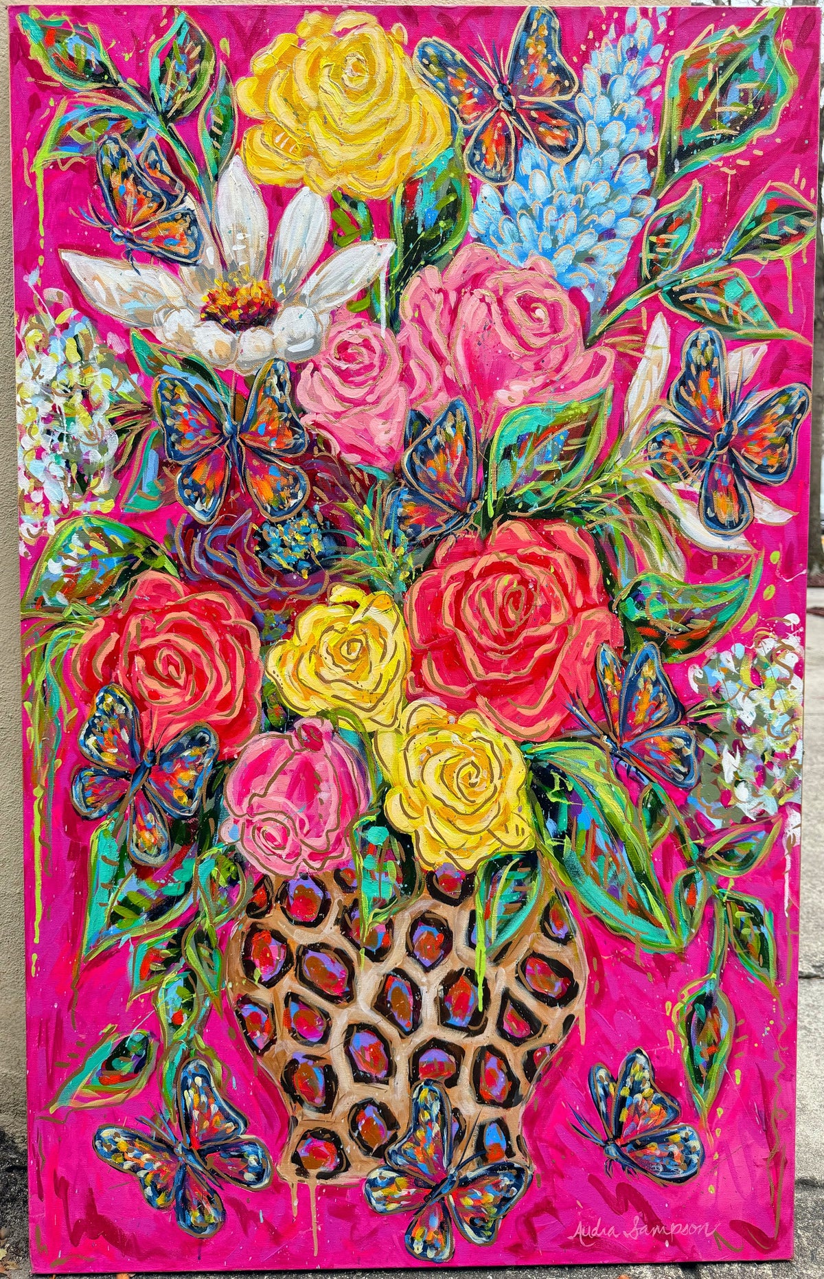 Original 10 Butterflies Leopard Print Vase Floral Painting on 30"Wx48"