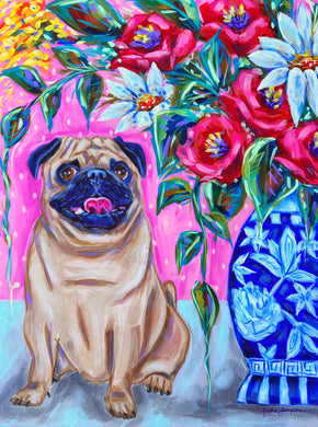 Pug Dog and Bouquet Reproduction Print - On Paper or Canvas