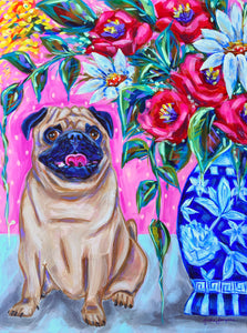 Pug Dog and Bouquet Reproduction Print - On Paper or Canvas