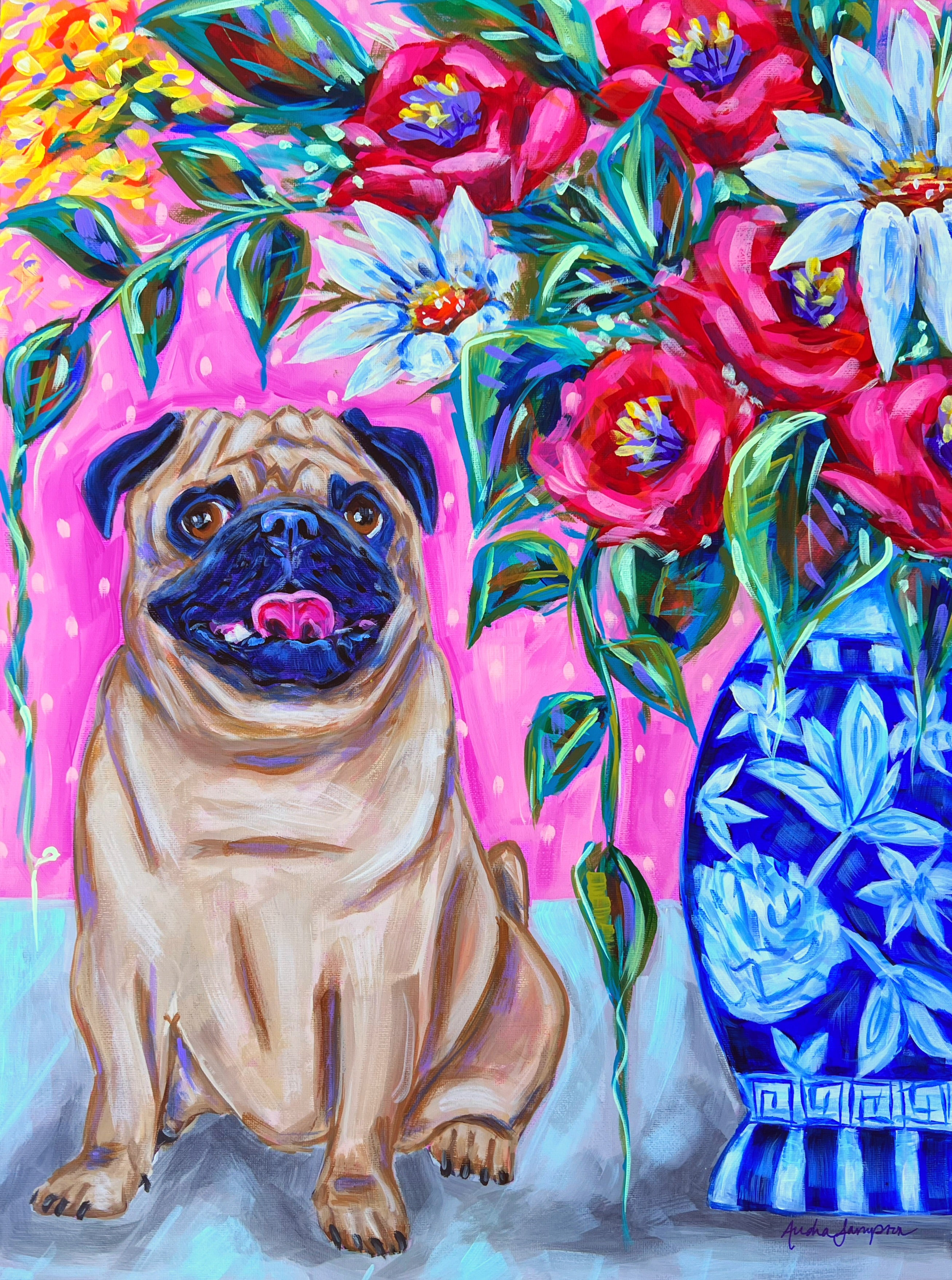 Pug and Bouquet 18x24" Original Painting on Canvas