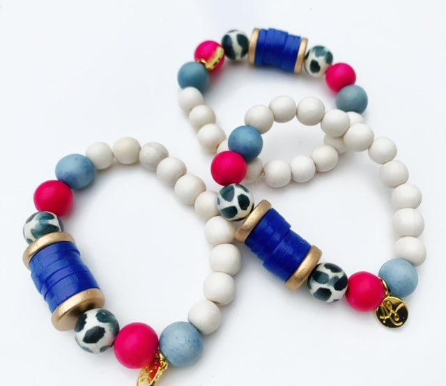 Fuchsia Black White Cobalt Disk Beaded Stacking Bracelet