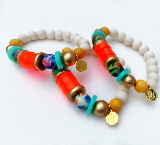 White Mustard Abstract Neon Pink Disk Beaded Stacking Bracelet