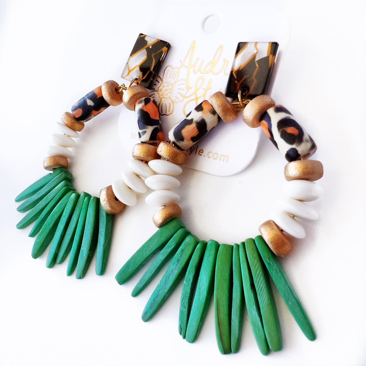 Heidi - Leopard Green Coconut Spike Fringe Pattern Statement Earring
