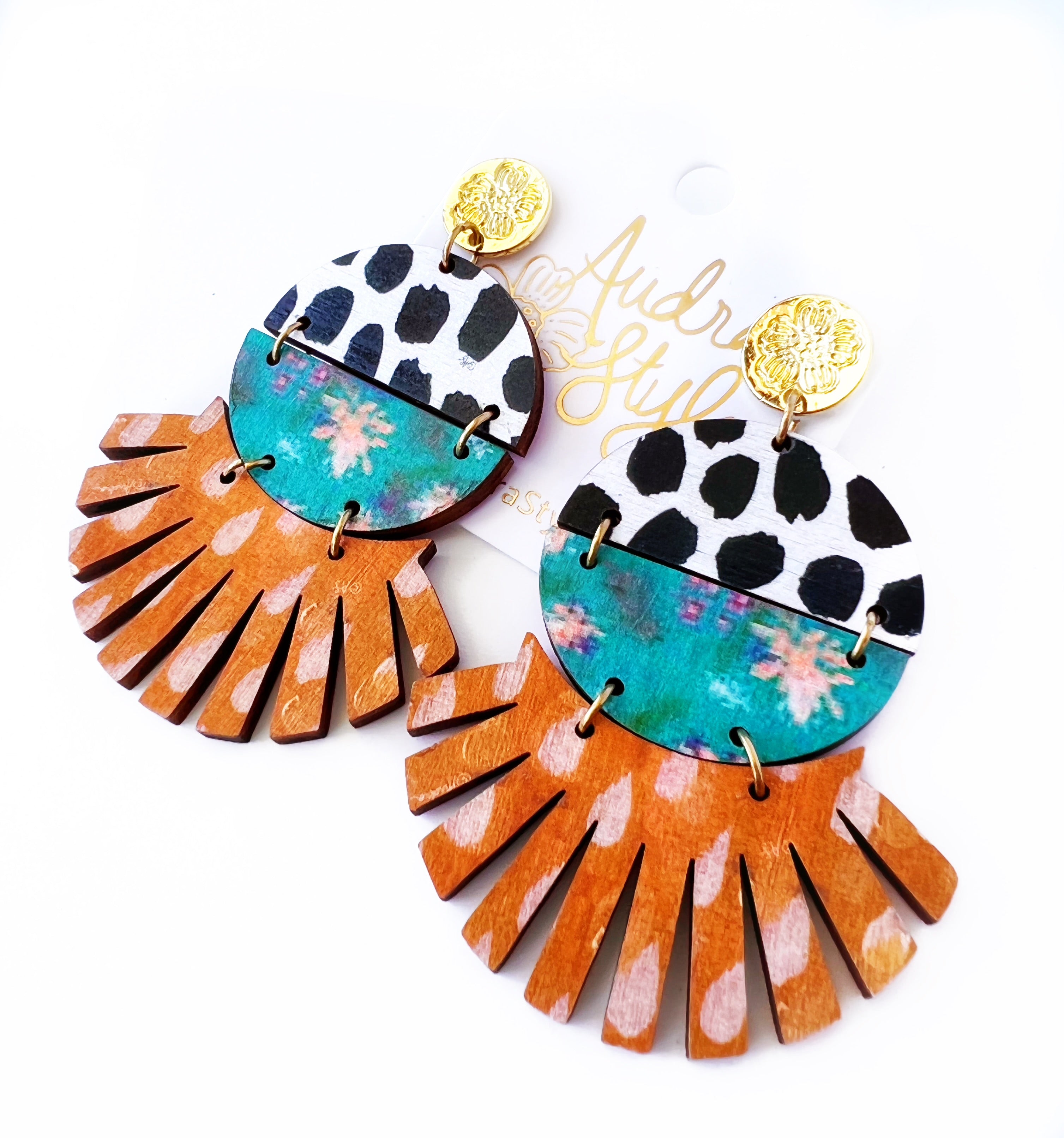 Roxie - Black Dot Teal Sweetgrass Floral Print Caramel Pattern Earring