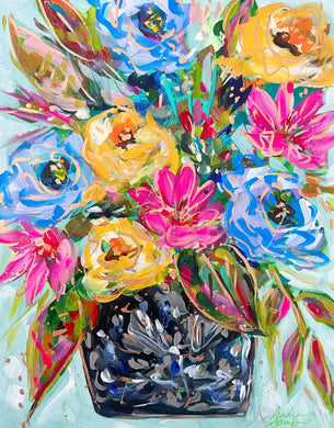 Colorful Bouquet in Black and White Vase 11x14