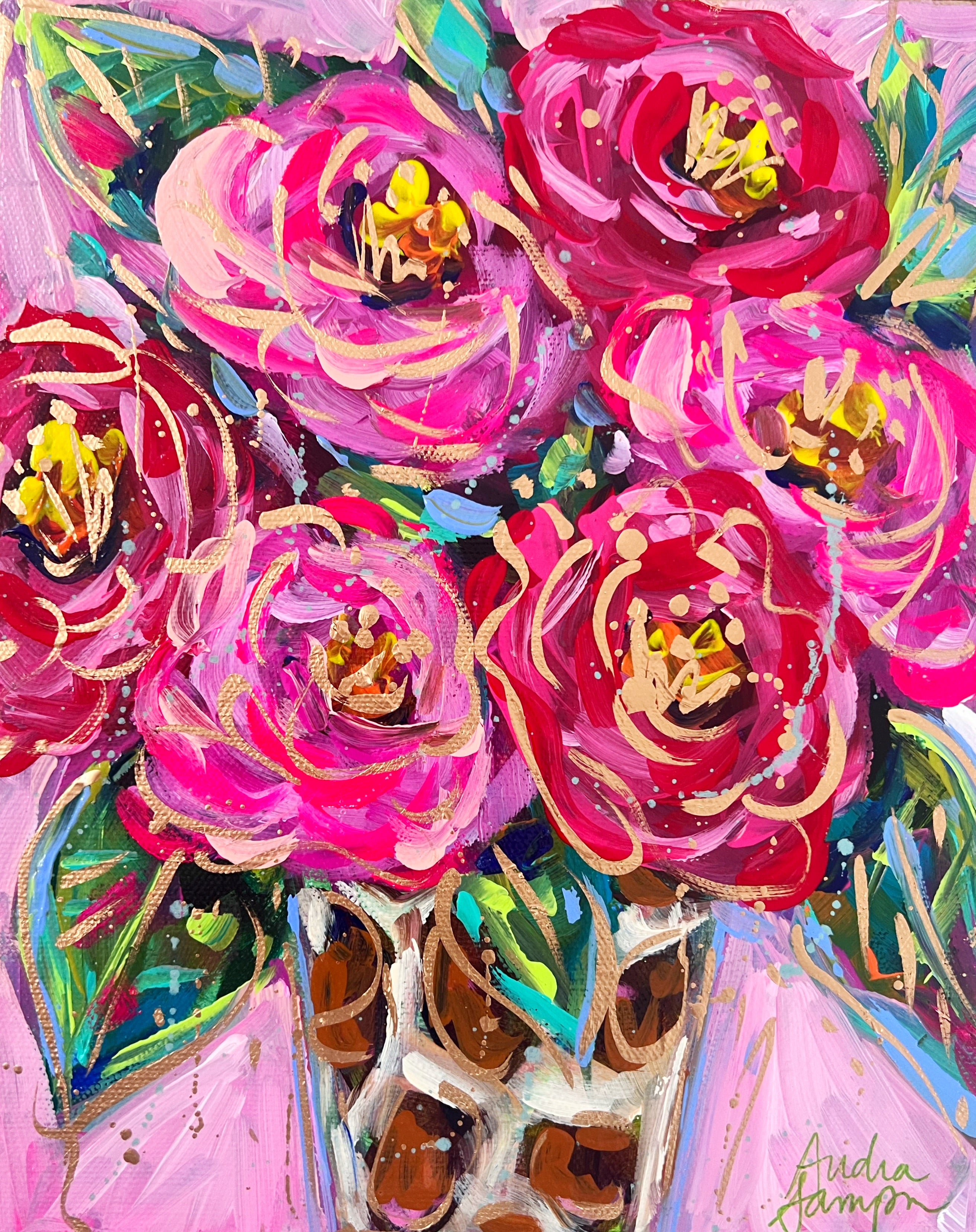 Red Pink Roses Leopard Vase Reproduction Print - On Paper or Canvas