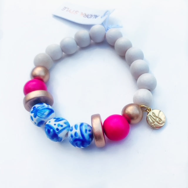 Blue White Fuchsia Gold Disk Beaded Stacking Bracelet
