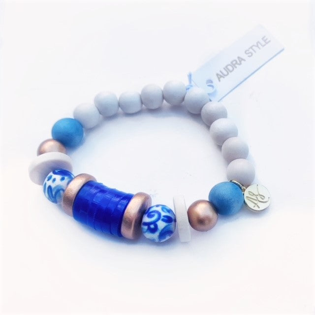 Denim Blue White Cobalt Disk Beaded Stacking Bracelet