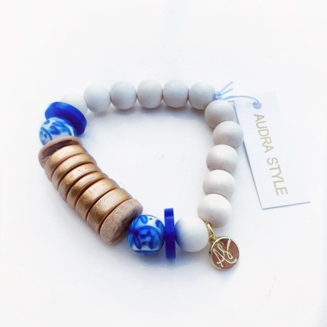 Blue White Cobalt Gold Disk Beaded Stacking Bracelet