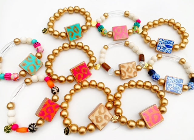 Mango Caramel Leopard Matte Gold Beaded Stacking Bracelet