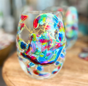 Hand Painted Crab and Gold Stemless Wine Glass