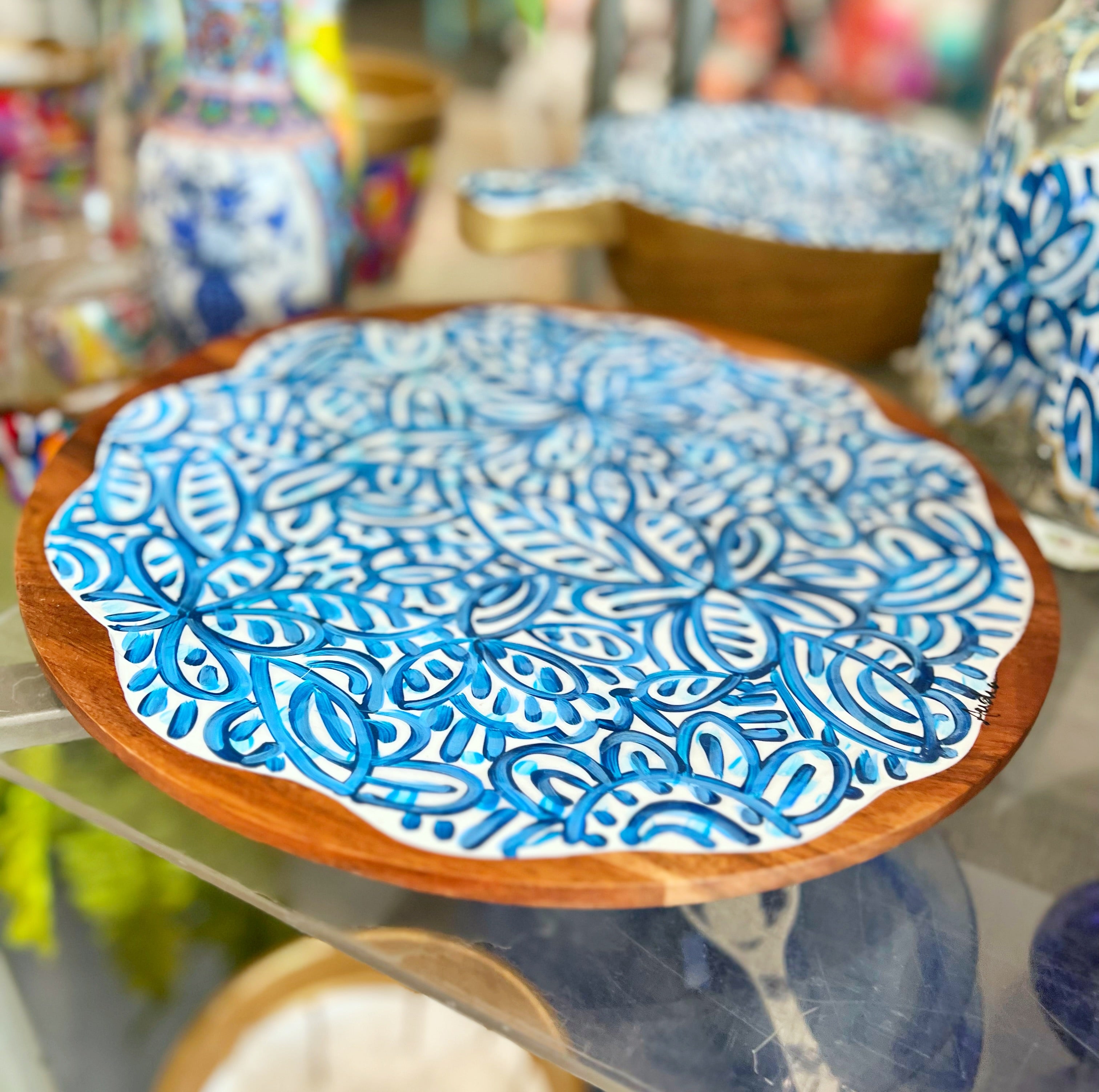 Large Round Footed Wooden Platter - Blue and White