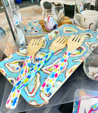Hand-Painted Wooden Fork - Aqua Abstract