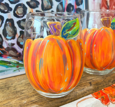 Hand Painted Orange Pumpkin Stemless Wine Glass