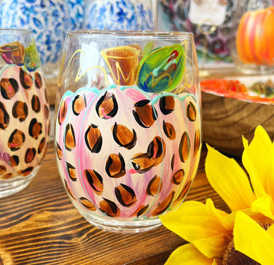 Hand Painted Leopard Pumpkin Stemless Wine Glass