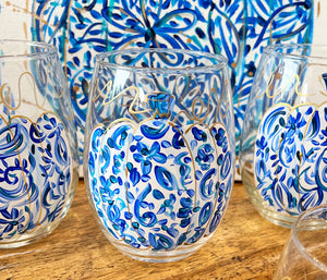 Hand Painted Blue and White Pumpkin Stemless Wine Glass