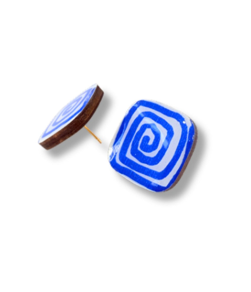 Blue Spiral Square Stud Earrings — Hand Painted Wood — One of a Kind