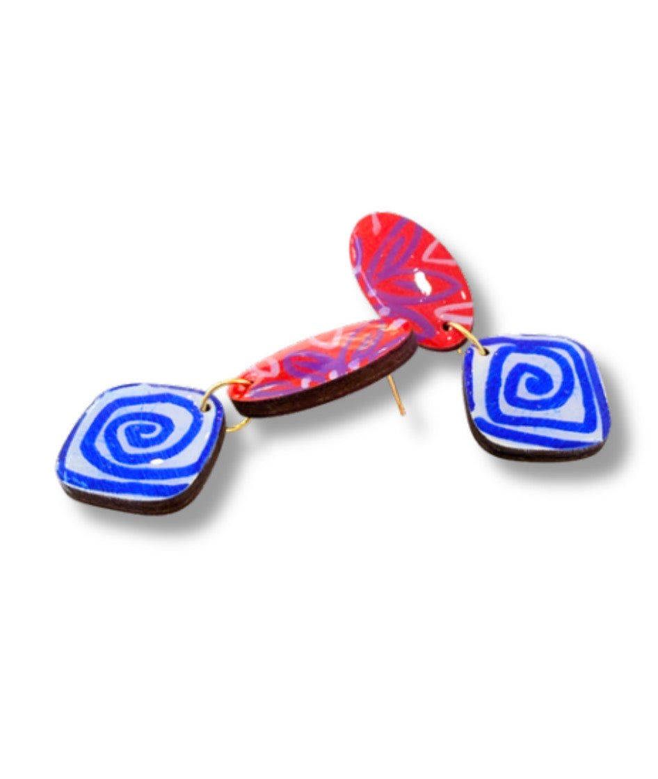 Red and Blue Double Drop Hook Earrings — Hand Painted Wood — One of a Kind