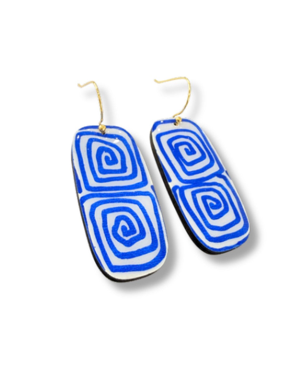 Blue Spiral Dangle Earrings — Hand Painted Wood — One of a Kind