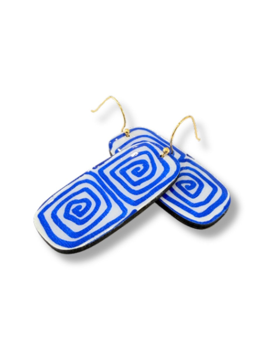 Blue Spiral Dangle Earrings — Hand Painted Wood — One of a Kind