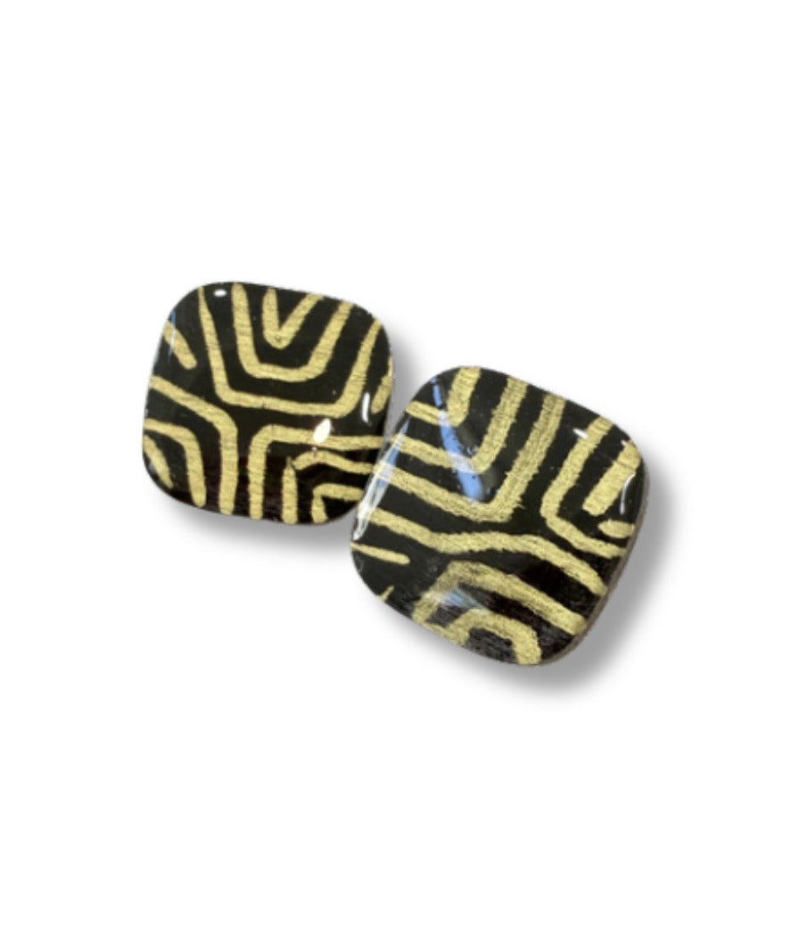Black and Gold Labyrinth Stud Earrings — Hand Painted Wood — One of a Kind