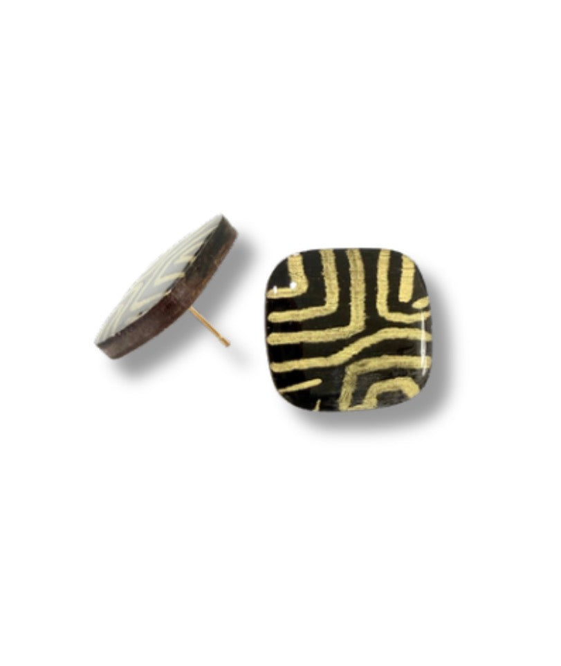 Black and Gold Labyrinth Stud Earrings — Hand Painted Wood — One of a Kind