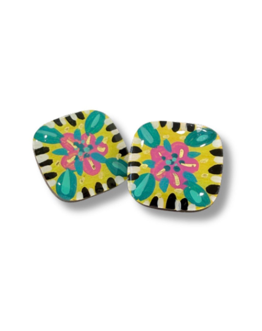Yellow Mandala Stud Earrings — Hand Painted Wood — One of a Kind