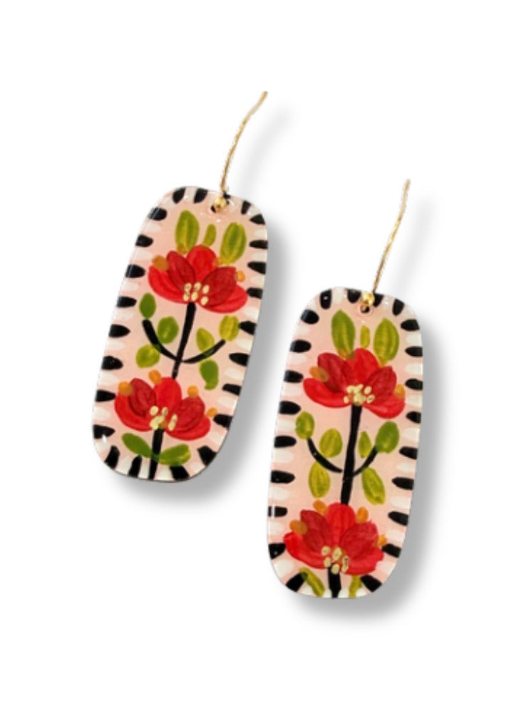 Red Flower Garden Hook Earrings — Hand Painted Wood — One of a Kind