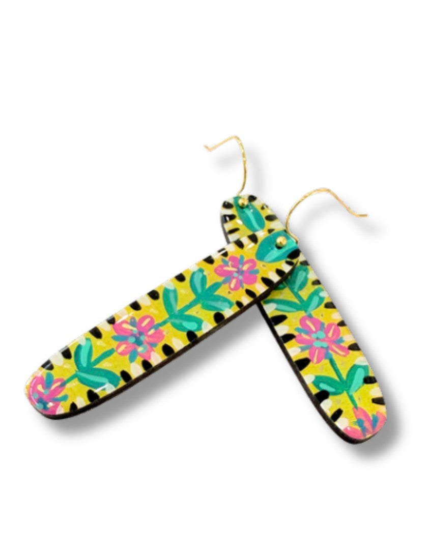 Yellow Garden Stripe Hook Earrings — Hand Painted Wood — One of a Kind