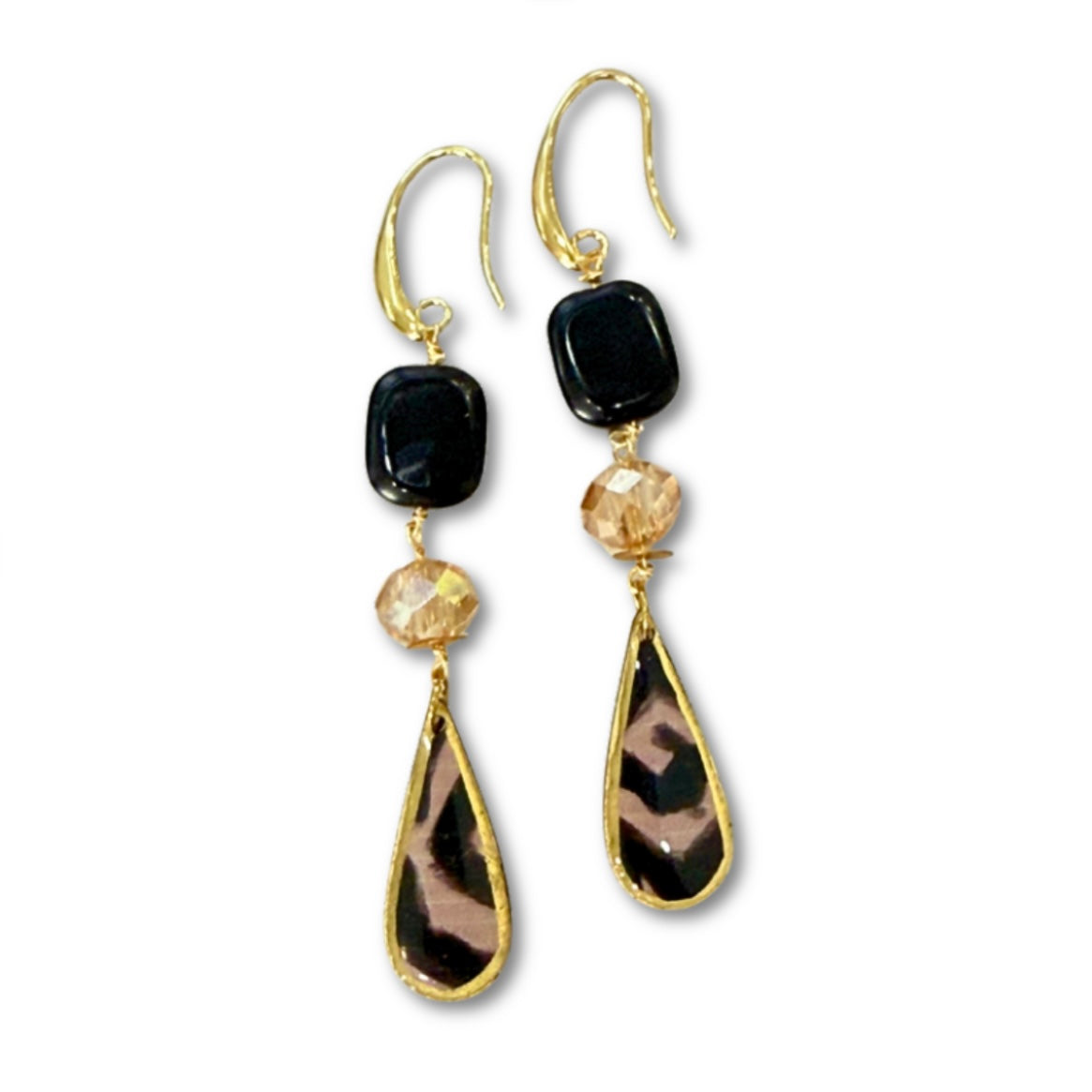 One-of-a-Kind - Black and Taupe  Long Dangle Earrings - Glass, Crystal Drops