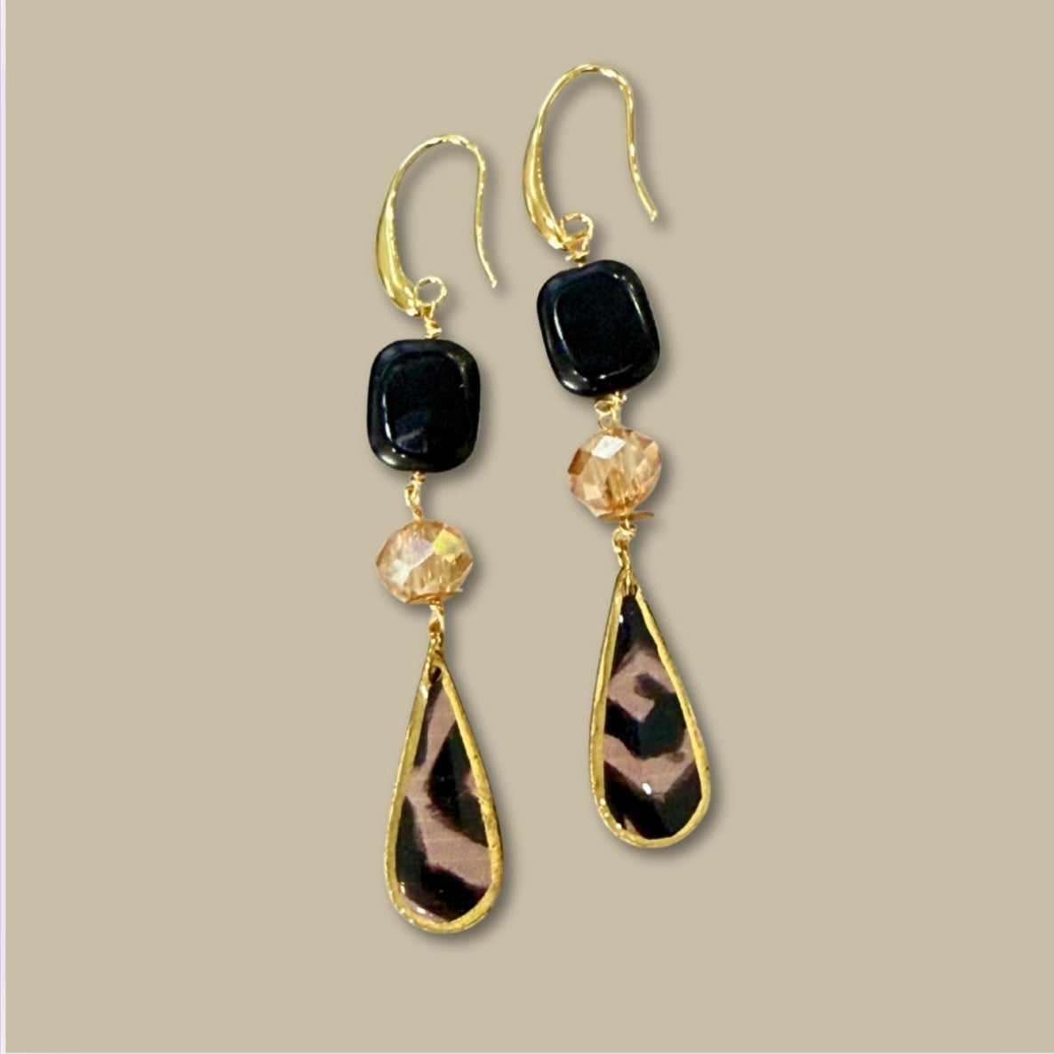 One-of-a-Kind - Black and Taupe  Long Dangle Earrings - Glass, Crystal Drops