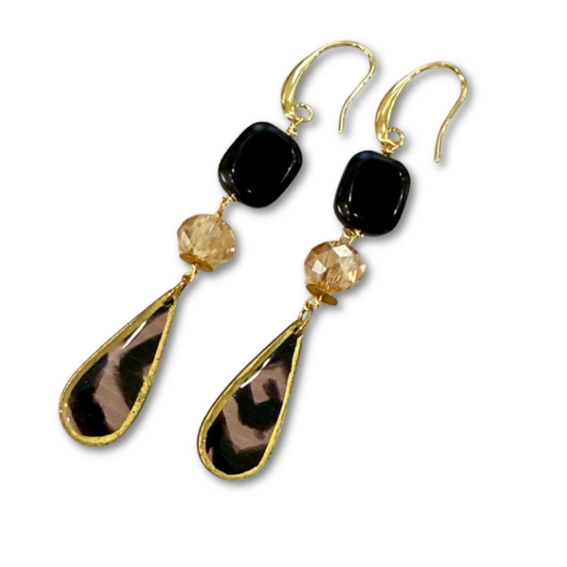 One-of-a-Kind - Black and Taupe  Long Dangle Earrings - Glass, Crystal Drops