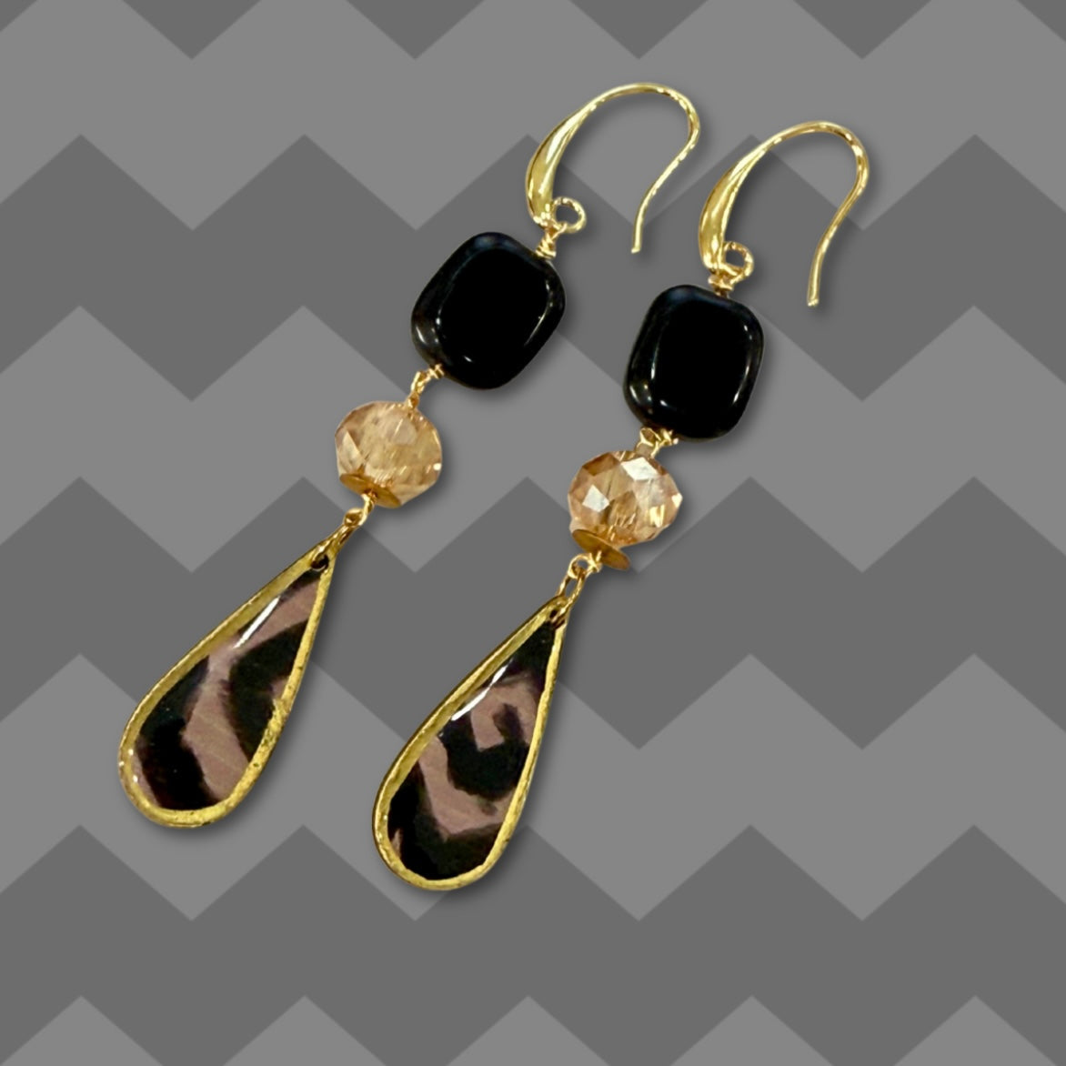 One-of-a-Kind - Black and Taupe  Long Dangle Earrings - Glass, Crystal Drops