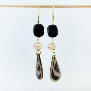 One-of-a-Kind - Black and Taupe  Long Dangle Earrings - Glass, Crystal Drops