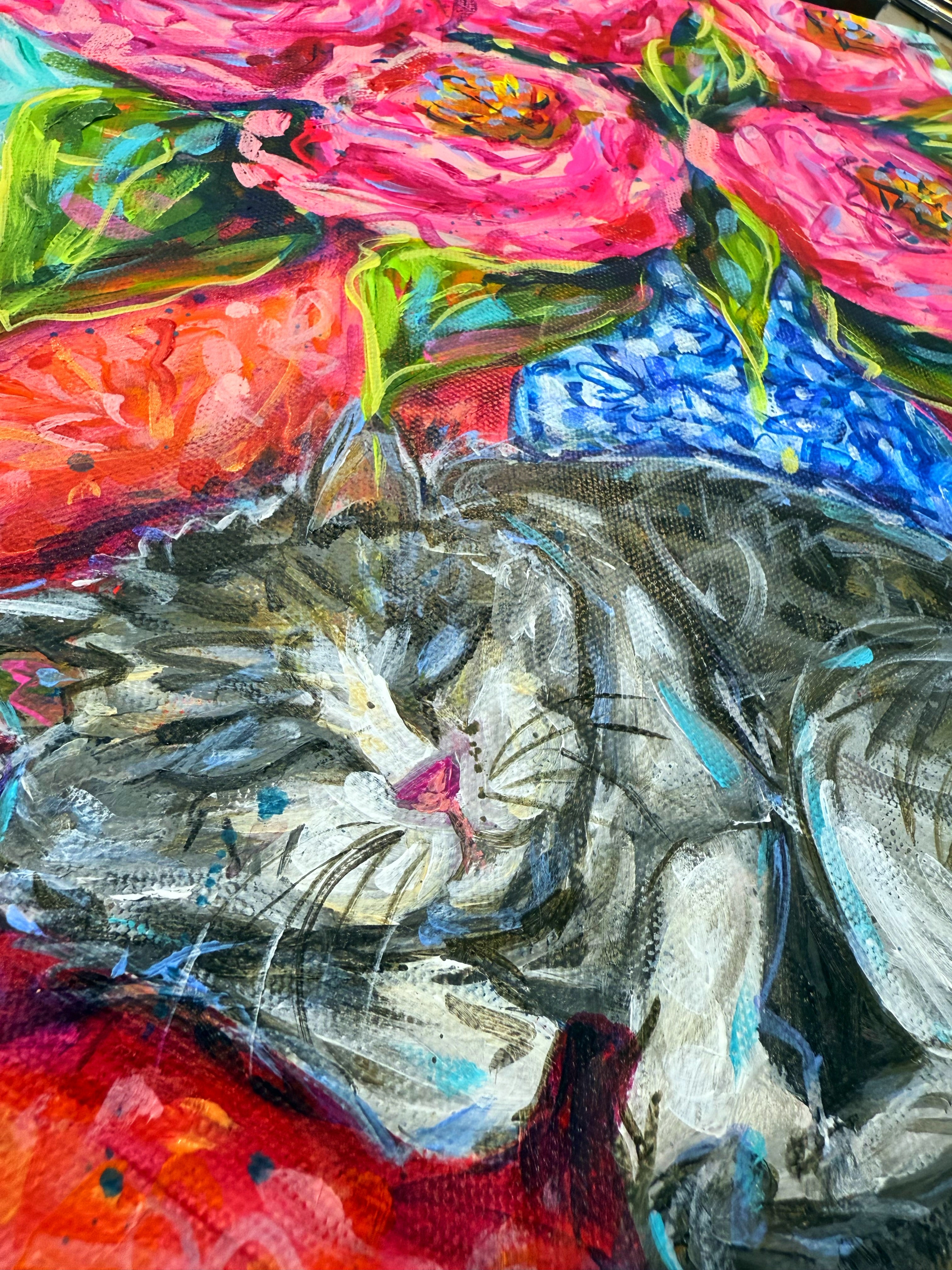 Sleepy Cat Roses Floral Bouquet Original 11x14" Painting on Gallery Wrapped Canvas