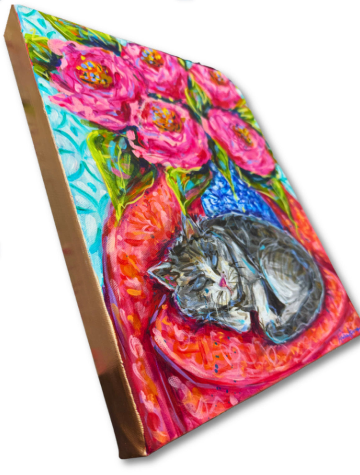 Sleepy Cat Roses Floral Bouquet Original 11x14" Painting on Gallery Wrapped Canvas