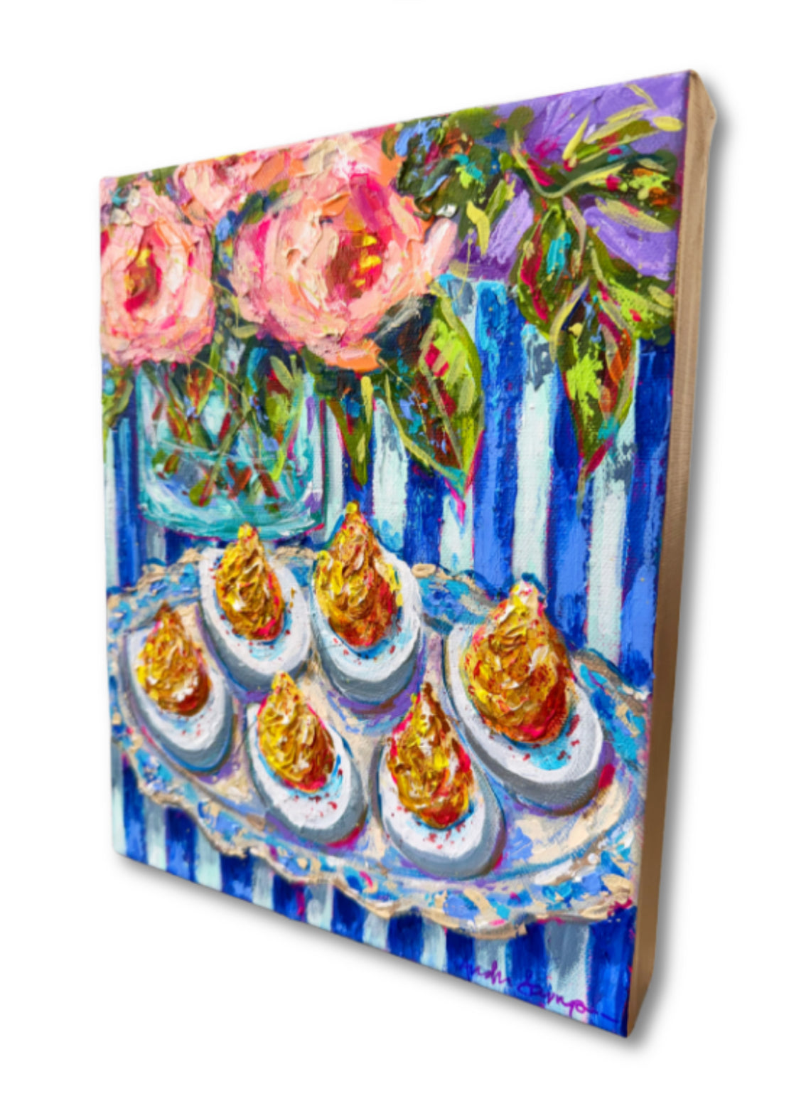 "Half Dozen" Devilled Eggs and Floral Bouquet Original 8x10" Painting on Gallery Wrapped Canvas
