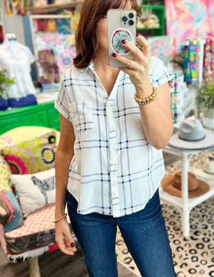 White with Blue Plaid Button Down Top