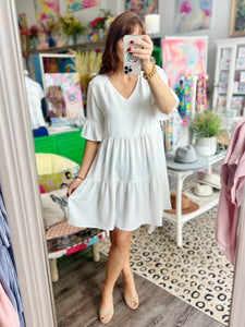 Layered Pleated Flutter Ruffle Sleeve Tiered Dress - White