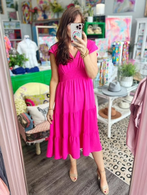 Cap Sleeve Ruffle Tiered Smocked Midi Dress - Hot Pink