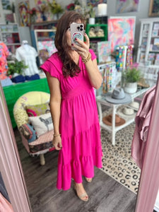 Cap Sleeve Ruffle Tiered Smocked Midi Dress - Hot Pink