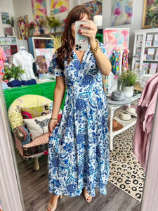 Blue and White Floral Maxi Dress